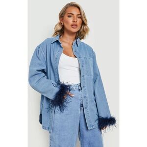 NWT Boohoo Feather Cuffed Oversized Denim Jean Women’s Shacket Shirt Jacket 2US
